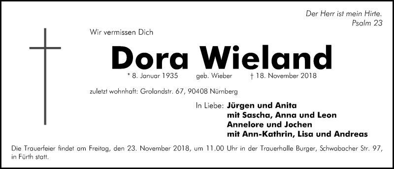  Traueranzeige für Dora Wieland vom 21.11.2018 aus Gesamtausgabe Nürnberger Nachrichten/ Nürnberger Ztg.