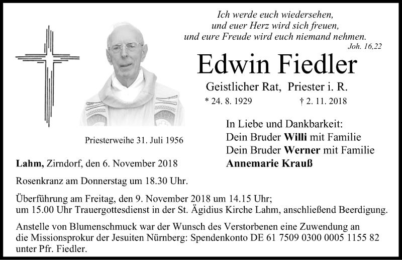  Traueranzeige für Edwin Fiedler vom 06.11.2018 aus Fürther Nachrichten Lokal