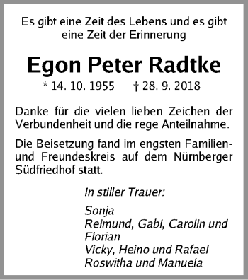 Traueranzeige von Egon Peter Radtke von Gesamtausgabe Nürnberger Nachrichten/ Nürnberger Ztg.