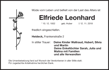 Traueranzeige von Elfriede Leonhard von Roth-Hilpoltsteiner Volkszeitung Lokal