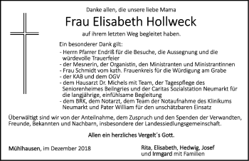 Traueranzeige von Elisabeth Hollweck von Neumarkter Nachrichten Lokal