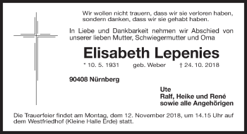 Traueranzeige von Elisabeth Lepenies von Gesamtausgabe Nürnberger Nachrichten/ Nürnberger Ztg.