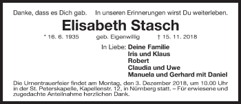 Traueranzeige von Elisabeth Stasch von Gesamtausgabe Nürnberger Nachrichten/ Nürnberger Ztg.