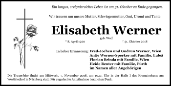 Traueranzeige von Elisabeth Werner von Gesamtausgabe Nürnberger Nachrichten/ Nürnberger Ztg.
