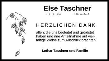 Traueranzeige von Else Taschner von Gesamtausgabe Nürnberger Nachrichten/ Nürnberger Ztg.