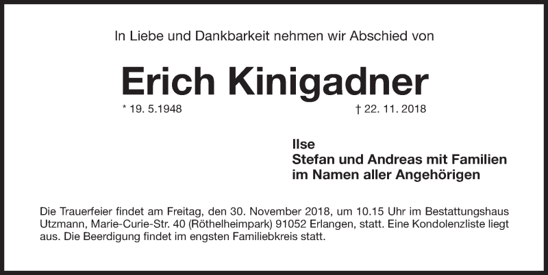  Traueranzeige für Erich Kinigadner vom 28.11.2018 aus Erlanger Nachrichten Lokal