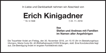 Traueranzeige von Erich Kinigadner von Erlanger Nachrichten Lokal