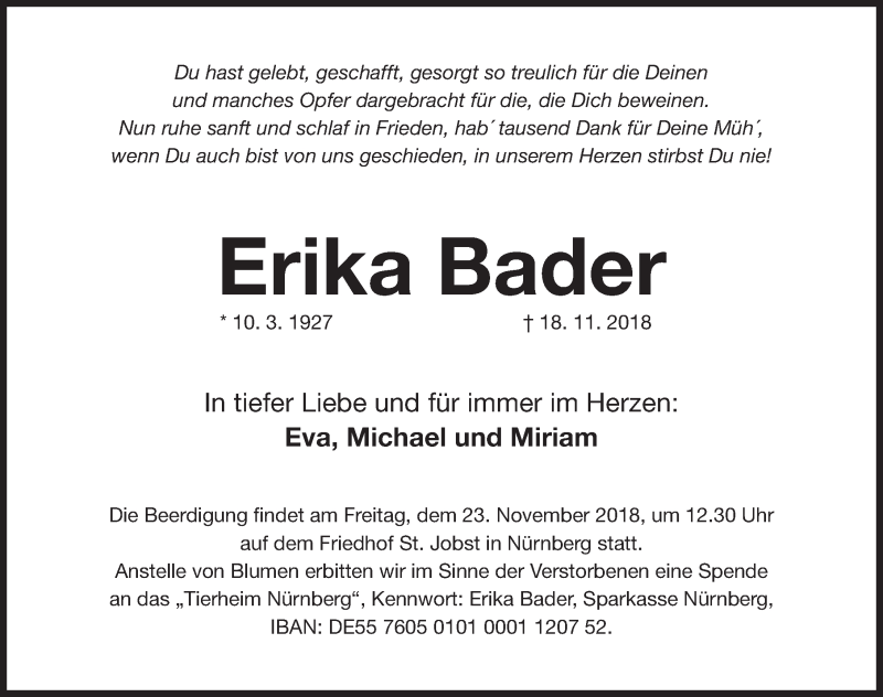  Traueranzeige für Erika Bader vom 21.11.2018 aus Gesamtausgabe Nürnberger Nachrichten/ Nürnberger Ztg.