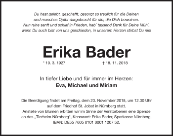 Traueranzeige von Erika Bader von Gesamtausgabe Nürnberger Nachrichten/ Nürnberger Ztg.
