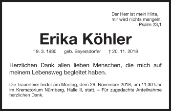 Traueranzeige von Erika Köhler von Gesamtausgabe Nürnberger Nachrichten/ Nürnberger Ztg.