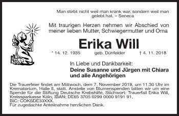 Traueranzeige von Erika Will von Gesamtausgabe Nürnberger Nachrichten/ Nürnberger Ztg.