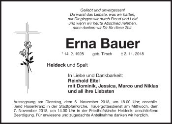 Traueranzeige von Erna Bauer von Roth-Hilpoltsteiner Volkszeitung Lokal