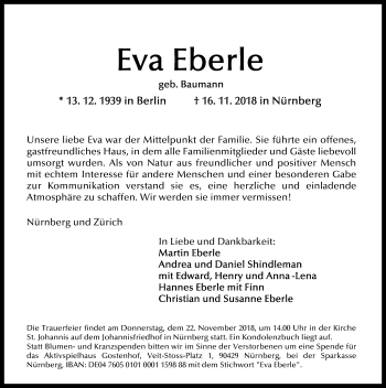 Traueranzeige von Eva Eberle von Gesamtausgabe Nürnberger Nachrichten/ Nürnberger Ztg.