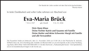 Traueranzeige von Eva-Maria Brück von Gesamtausgabe Nürnberger Nachrichten/ Nürnberger Ztg.