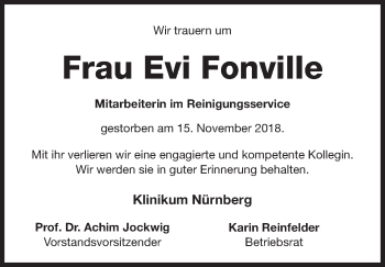 Traueranzeige von Evi Fonville von Gesamtausgabe Nürnberger Nachrichten/ Nürnberger Ztg.
