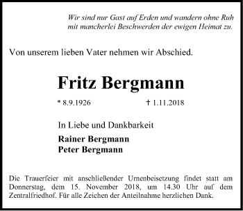 Traueranzeige von Fritz Bergmann von Erlanger Nachrichten Lokal