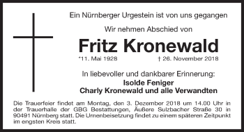 Traueranzeige von Fritz Kronewald von Gesamtausgabe Nürnberger Nachrichten/ Nürnberger Ztg.
