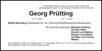 Traueranzeige von Georg Prütting von Gesamtausgabe Nürnberger Nachrichten/ Nürnberger Ztg.