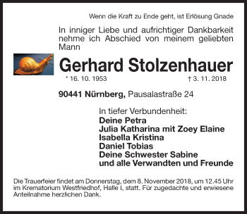 Traueranzeige von Gerhard Stolzenhauer von Gesamtausgabe Nürnberger Nachrichten/ Nürnberger Ztg.
