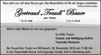 Traueranzeige von Gertraud Bauer von Gesamtausgabe Nürnberger Nachrichten/ Nürnberger Ztg.