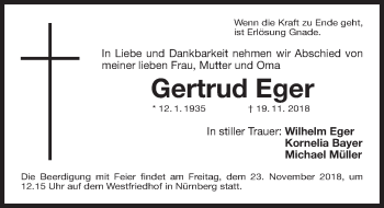Traueranzeige von Gertrud Eger von Gesamtausgabe Nürnberger Nachrichten/ Nürnberger Ztg.