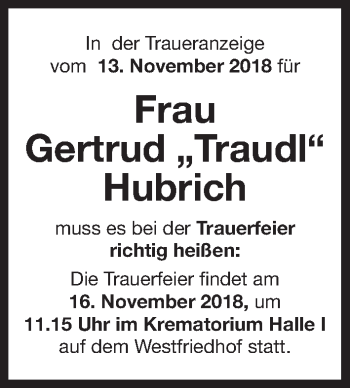 Traueranzeige von Gertrud Hubrich von Gesamtausgabe Nürnberger Nachrichten/ Nürnberger Ztg.