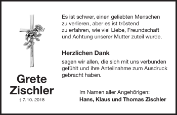 Traueranzeige von Grete Zischler von Gesamtausgabe Nürnberger Nachrichten/ Nürnberger Ztg.