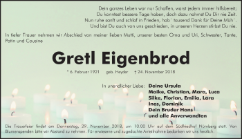 Traueranzeige von Gretl Eigenbrod von Gesamtausgabe Nürnberger Nachrichten/ Nürnberger Ztg.