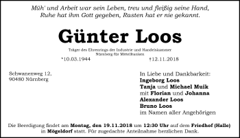 Traueranzeige von Günter Loos von Gesamtausgabe Nürnberger Nachrichten/ Nürnberger Ztg.