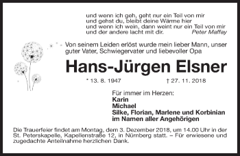 Traueranzeige von Hans-Jürgen Elsner von Gesamtausgabe Nürnberger Nachrichten/ Nürnberger Ztg.