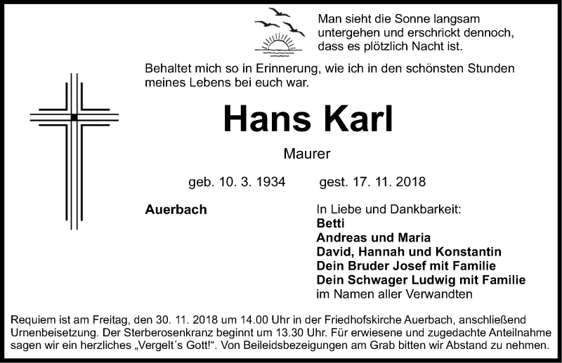  Traueranzeige für Hans Karl vom 21.11.2018 aus Nordbayerische Nachrichten Pegnitz Lokal