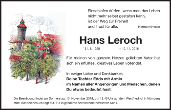 Traueranzeige von Hans Leroch von Gesamtausgabe Nürnberger Nachrichten/ Nürnberger Ztg.