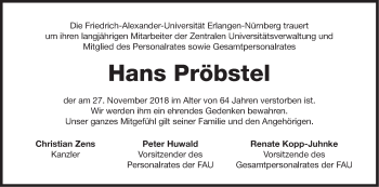 Traueranzeige von Hans Pröbstel von Erlanger Nachrichten Lokal