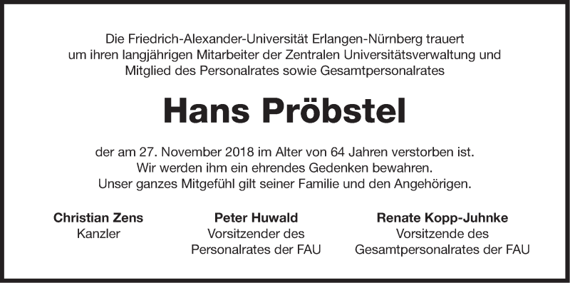  Traueranzeige für Hans Pröbstel vom 01.12.2018 aus Erlanger Nachrichten Lokal