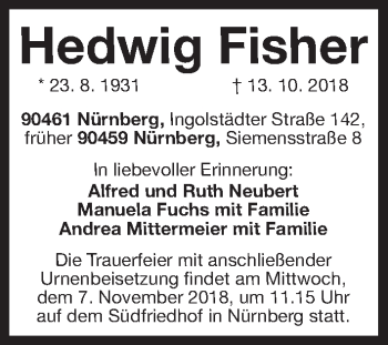 Traueranzeige von Hedwig Fisher von Gesamtausgabe Nürnberger Nachrichten/ Nürnberger Ztg.