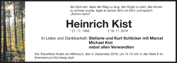 Traueranzeige von Heinrich Kist von Gesamtausgabe Nürnberger Nachrichten/ Nürnberger Ztg.