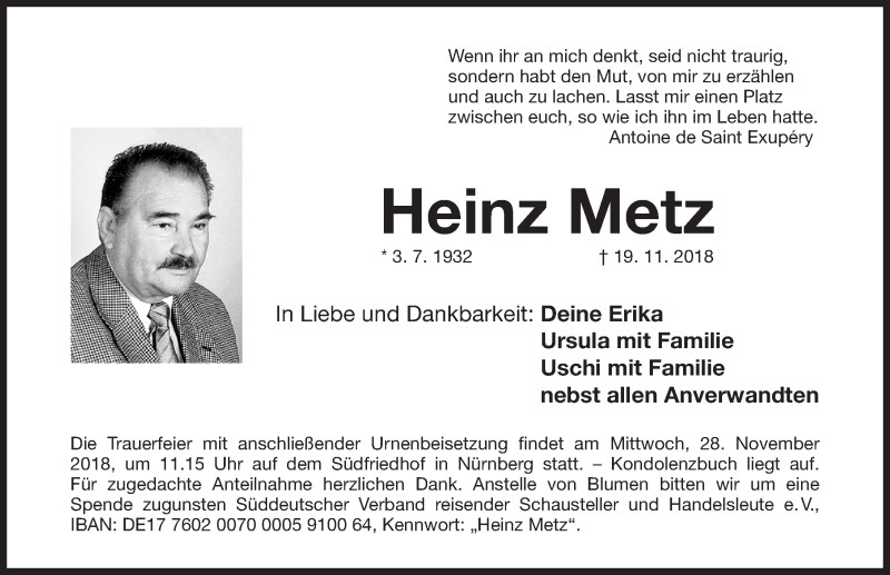  Traueranzeige für Heinz Metz vom 24.11.2018 aus Gesamtausgabe Nürnberger Nachrichten/ Nürnberger Ztg.