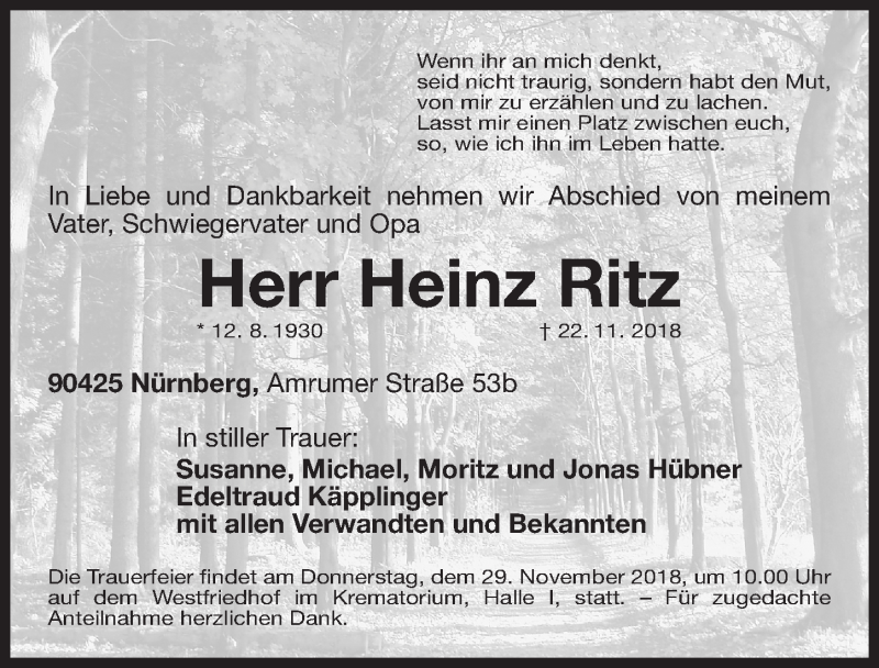  Traueranzeige für Heinz Ritz vom 26.11.2018 aus Gesamtausgabe Nürnberger Nachrichten/ Nürnberger Ztg.