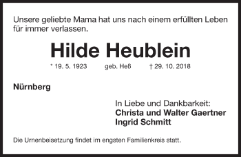 Traueranzeige von Hilde Heublein von Gesamtausgabe Nürnberger Nachrichten/ Nürnberger Ztg.