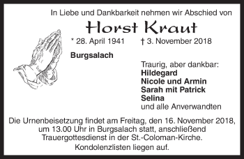 Traueranzeige von Horst Kraut von Gesamtausgabe Nürnberger Nachrichten/ Nürnberger Ztg.
