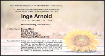 Traueranzeige von Inge Arnold von Gesamtausgabe Nürnberger Nachrichten/ Nürnberger Ztg.