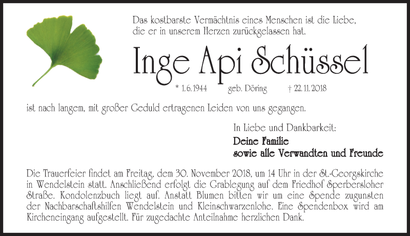 Traueranzeige für Inge Api Schüssel vom 27.11.2018 aus Schwabach