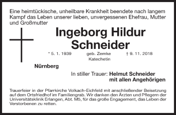 Traueranzeige von Ingeborg Hildur Schneider von Gesamtausgabe Nürnberger Nachrichten/ Nürnberger Ztg.