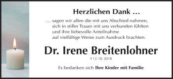 Traueranzeige von Irene Breitenlohner von Gesamtausgabe Nürnberger Nachrichten/ Nürnberger Ztg.