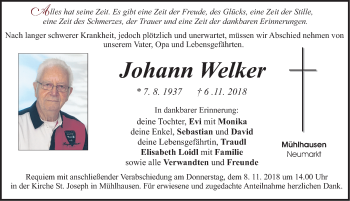 Traueranzeige von Johann Welker von Neumarkter Nachrichten Lokal