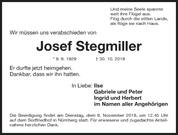 Traueranzeige von Josef Stegmiller von Gesamtausgabe Nürnberger Nachrichten/ Nürnberger Ztg.