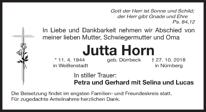 Traueranzeige für Jutta Horn vom 03.11.2018 aus Gesamtausgabe Nürnberger Nachrichten/ Nürnberger Ztg.