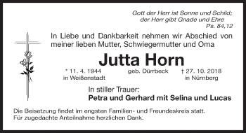 Traueranzeige von Jutta Horn von Gesamtausgabe Nürnberger Nachrichten/ Nürnberger Ztg.
