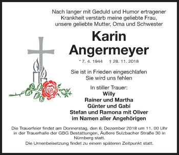 Traueranzeige von Karin Angermeyer von Gesamtausgabe Nürnberger Nachrichten/ Nürnberger Ztg.