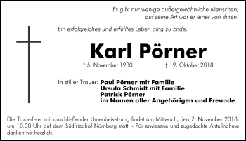 Traueranzeige von Karl Pörner von Gesamtausgabe Nürnberger Nachrichten/ Nürnberger Ztg.
